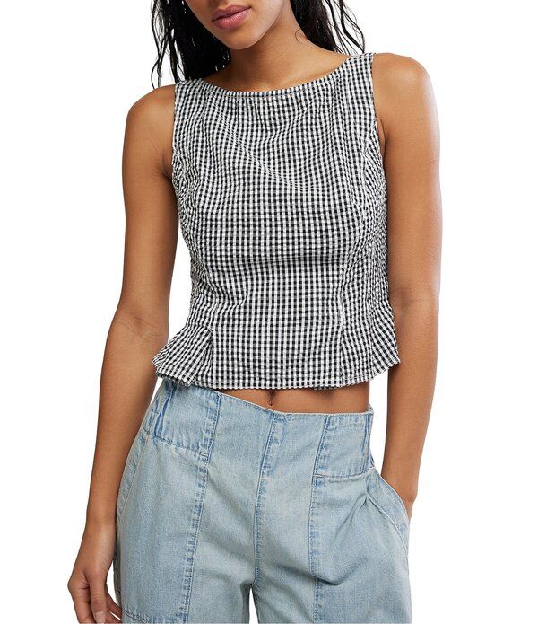 フリーピープル レディース トップス シャツ ギンガムチェック プリント ノースリーブ ギンガム Free People Sunfaded Gingham Printed Boat Neck Sleeveless Peplum Top Black and Wh
