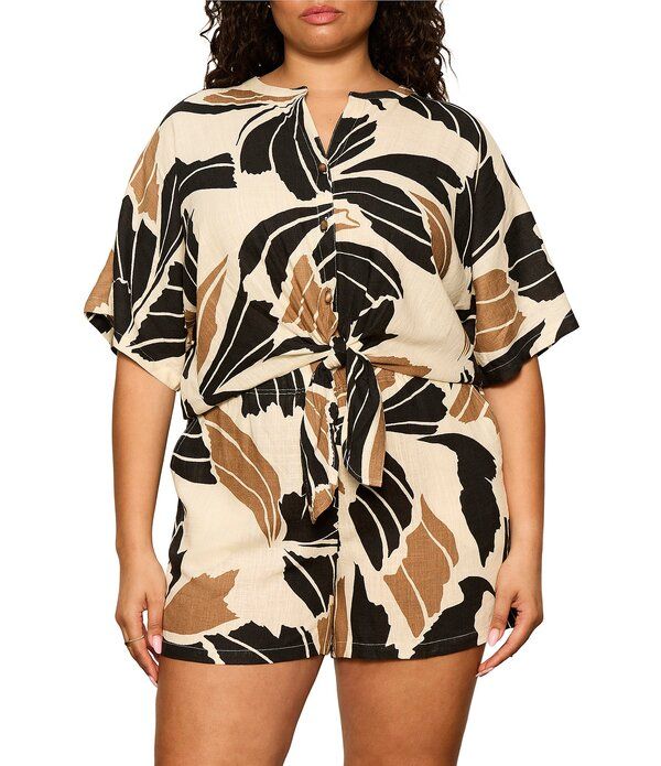 サンクチュアリー レディース トップス シャツ プラスサイズ プリント リネン Sanctuary Plusize Good Time Tie Printed Banded Collar Short Sleeve Button Front Coordinati