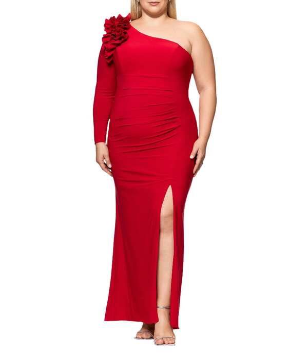 エスケープ レディース トップス ワンピース アシンメトリー プラスサイズ フリル Xscape Plusize Asymmetrical Ruffle Shoulder Long Sleeve Sheath Dress Red レッド