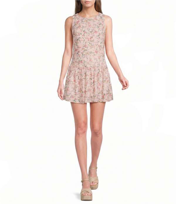 シティヴァイブ レディース トップス ワンピース フラワー柄 プリント フラワー City Vibe Floral Printed Boat Neck Button Front Drop Waist Dress PinkGreen ピンク