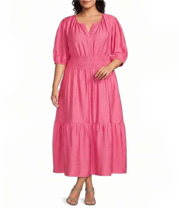 インベストメンツ レディース トップス ワンピース プラスサイズ マキシ Investments Plusize Short Cuff Sleeve Split Round Neck Maxi Crinkle Dress Camellia Rose
