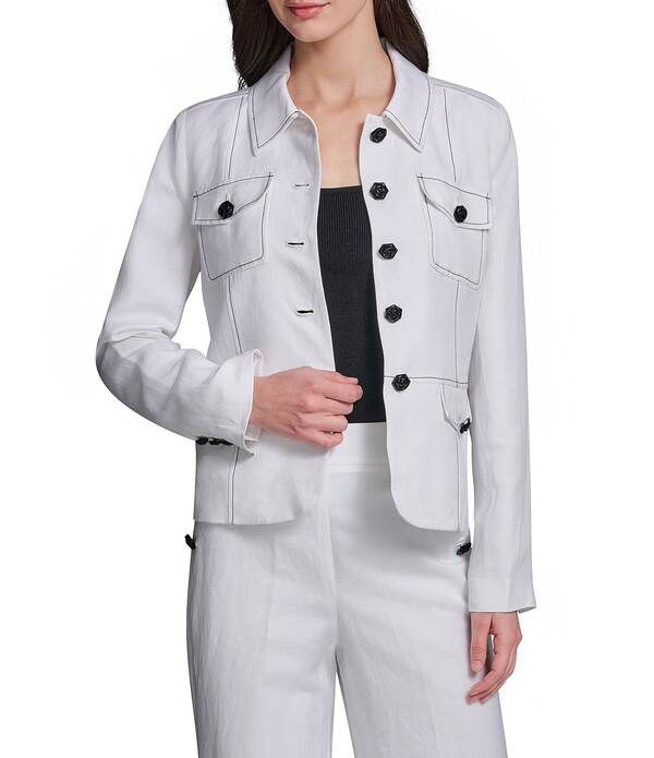 カール ラガーフェルド レディース アウター コート リネン ジャケット KARLAGERFELD PARIS Linen Point Collar Long Sleeves Coordinating Jacket Soft White ホワイト