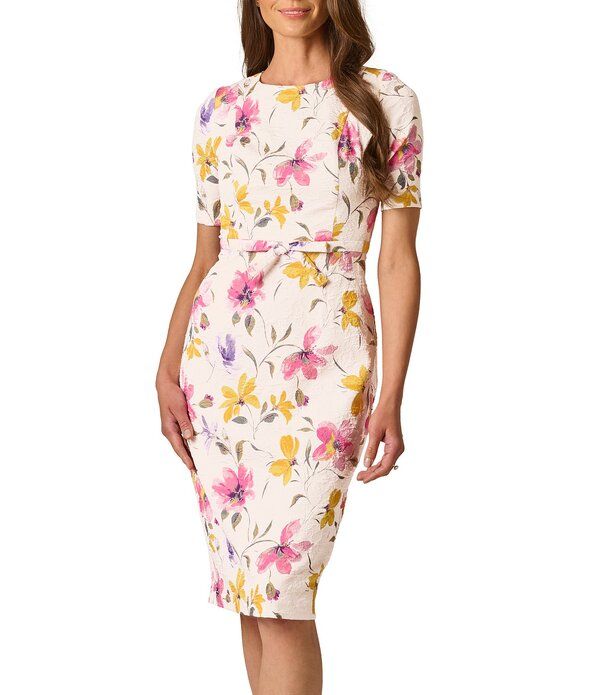 アドリアナ パペル レディース トップス ワンピース ひざ丈 フラワー柄 プリント ミニ フラワー Adrianna Papell Mini Bow Floral Print Jacquard Knee Length Sheath Dress Blush Mu