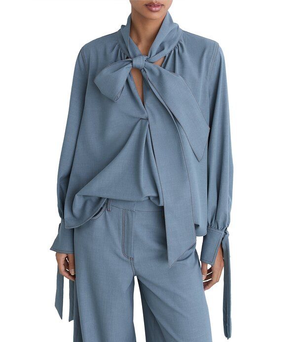 レイス レディース トップス シャツ Vネック デニム ブラウス Reiss Charlotte DenimLook Twill Tie VNeck Long Sleeve Coordinating Blouse Light Blue ブルー