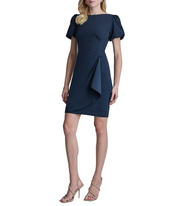 ダナキャラン レディース トップス ワンピース ギャザー フリル DKNY By Donna Karan Short Bubble Sleeve Ruched Bodice Cascading Ruffle Sheath Dress Midnight