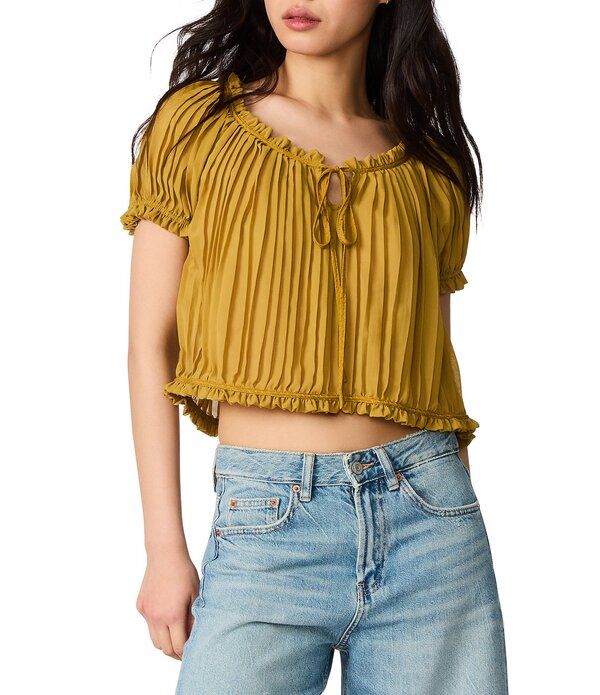 スティーブ マデン レディース トップス シャツ シフォン プリーツ Steve Madden Theodora Pleated Chiffon Scoop Neck Short Sleeve Top Thyme Green グリーン