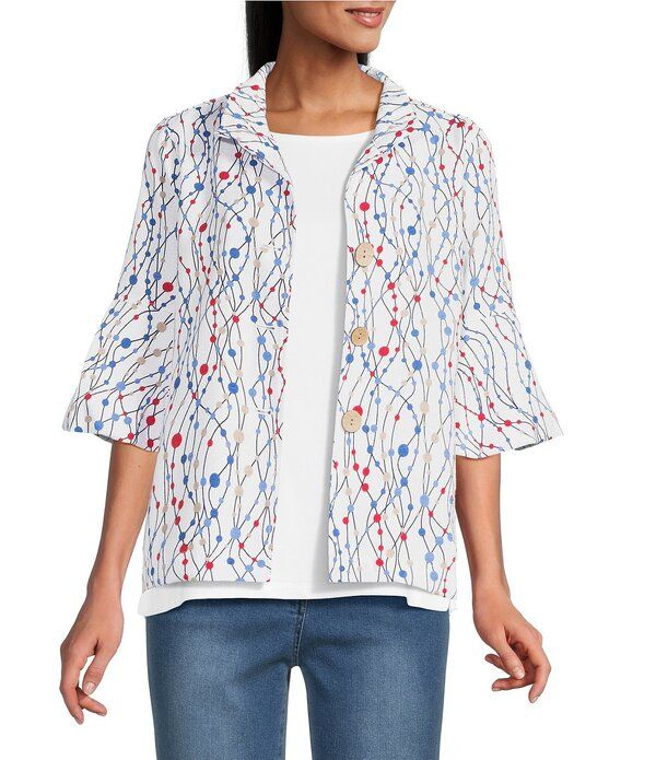 マルチプルズ レディース アウター コート プチ プリント ジャケット Multiples Petite Size Barkcloth Dot Multi Print Wire Collar 34 Sleeve ButtonFront Jacket Dot M