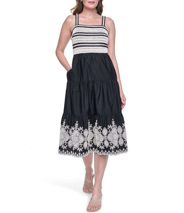 エリザジェイ レディース トップス ワンピース ミディ スカート 刺繍 Eliza J Crochetop With Embroidered Skirt Midi Dress Natural Black ブラック