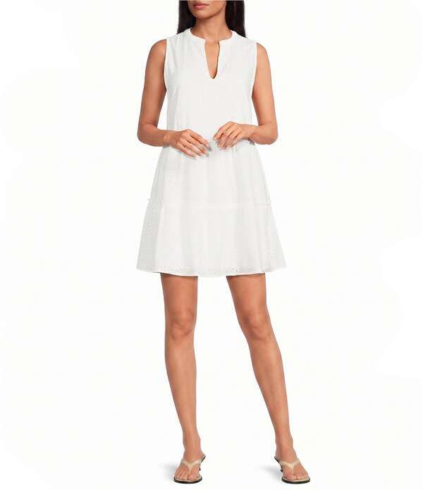 エラン レディース トップス ワンピース Vネック ティアード ノースリーブ ELAN Eyelet VNeck Sleeveless Tiered Shift Dress White ホワイト