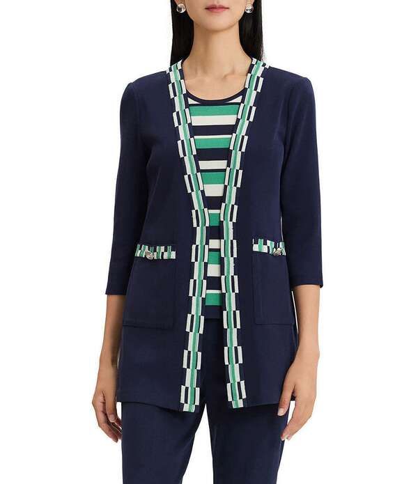 ミンウォン レディース アウター コート ジャケット Ming Wang WrinkleResistant 34 Sleeve Checkered Trim Jacket IndigoKelly GreenIvory アイボリー