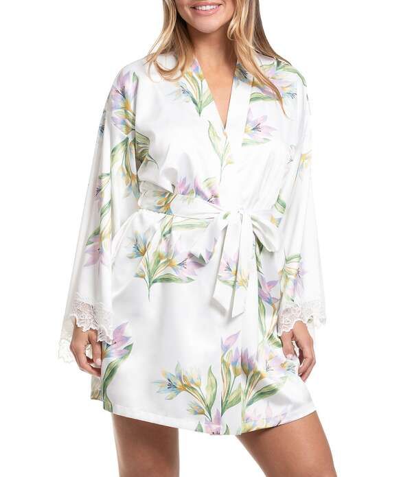 インブルーム レディース アンダーウェア ナイトウェア フラワー柄 プリント サテン フラワー In Bloom By Jonquil Elyse Watercolor Floral Print Long Sleeve Satin Short Robe Ivo