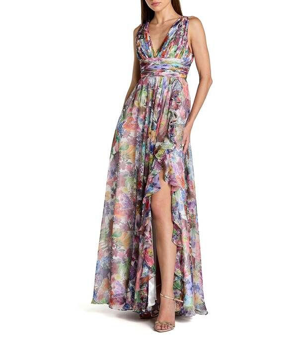 マックダガル レディース トップス ワンピース Vネック シフォン プリント ギャザー ノースリーブ Mac Duggal Sleeveless Printed Chiffon V Neck Ruched Gown Multi マルチカラー