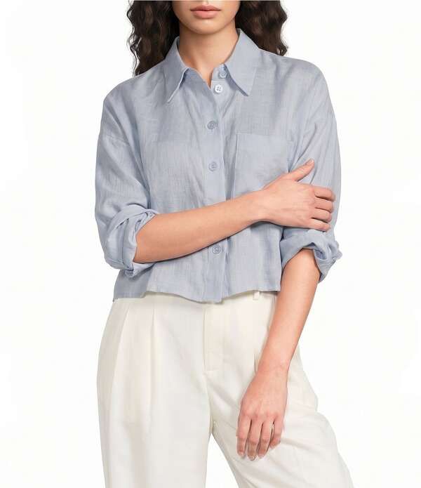 レイス レディース トップス シャツ リネン Reissolena Linen Collar 34 Sleeve Loose Crop Shirt Light Blue ブルー