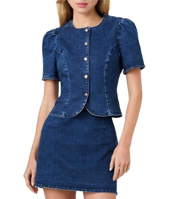 フレンチコネクション レディース トップス シャツ デニム French Connection Delancey Denim Round Neck Short Puff Sleeve Coordinating Button Front Peplum Top D