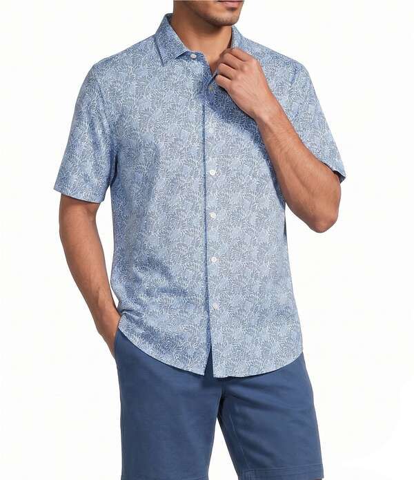 ラウンドトゥリーアンドヨーク メンズ トップス シャツ プリント Roundtree Yorke Short Sleeve Leaf Print Button Front Shirt Blue ブルー