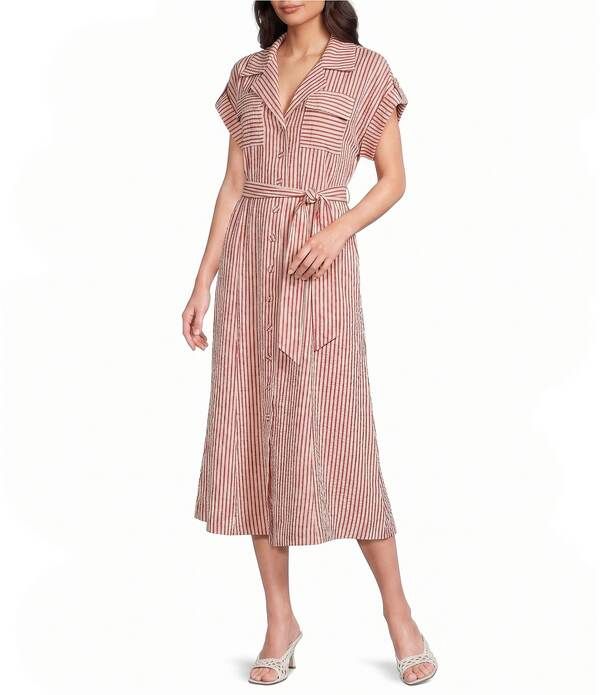 ジョン マーク レディース トップス ワンピース A ライン ミディ John Mark Woven Yarn Dyed Stripe Notch Lapel Short Sleeve Tie Waist ALine Midi Dress Red Stripe