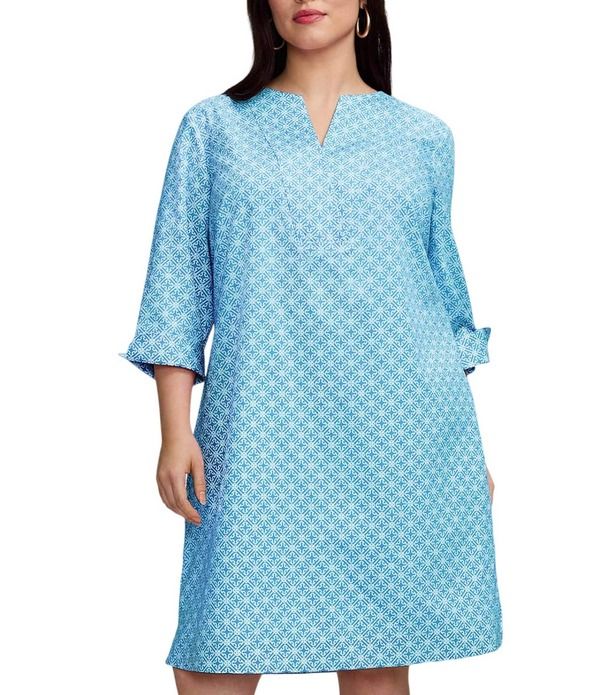 フォックスクラフト レディース トップス ワンピース Vネック プラスサイズ コットン Foxcroft Plusize Vena Cotton Geo Lattice VNeck 34 Sleeve Shift Dress BlueWhite ホワイト