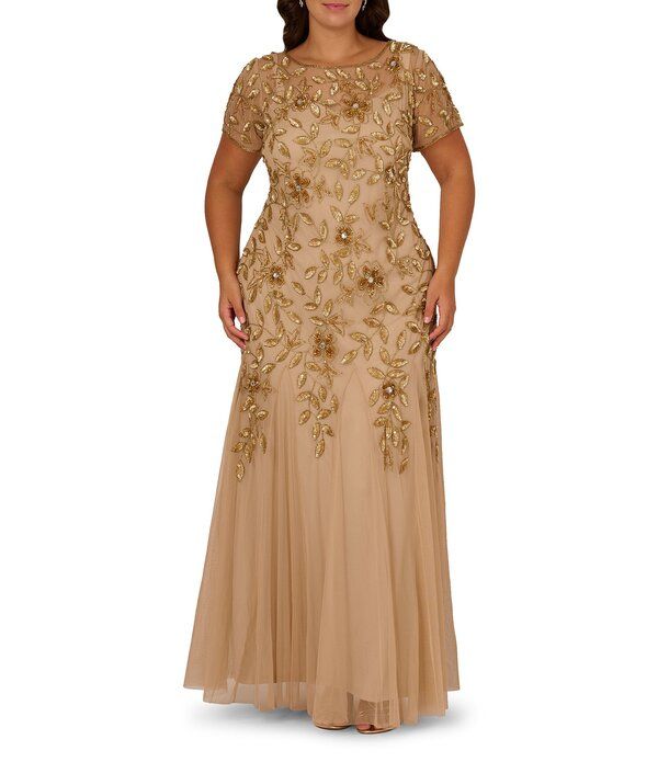 アドリアナ パペル レディース トップス ワンピース フラワー柄 プラスサイズ メッシュ フラワー Adrianna Papell Plusize Round Neck Short Sleeve Floral Beaded Mesh Godet Fit and