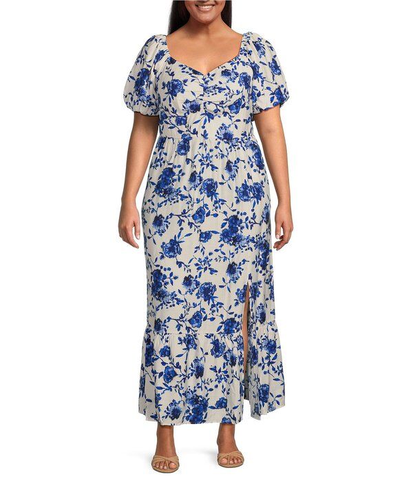 スカイズアブルー レディース トップス ワンピース バルーンスリーブ フラワー柄 プラスサイズ マキシ フラワー Skies Are Blue Plusize Floral Ikat Balloon Sleeve Maxi Dress Bright Blue
