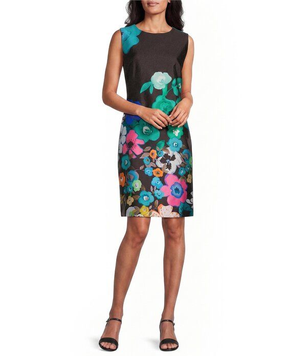 キャロライン ローズ レディース トップス ワンピース フラワー柄 プリント ノースリーブ フラワー Caroline Rose Mikado Bright Multi Floral Print Scoop Neck Sleevelessheath Dress
