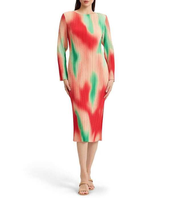 ミソック レディース トップス ワンピース クレープリーツ ミディ MISOOK Mirco Pleated Crepe Jewel Neck Long Sleeve Midi Dress Cherry EmberPeach DreamMulti ピーチ