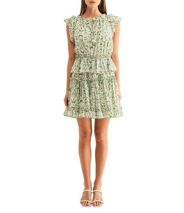 アドレイン ラエ レディース トップス ワンピース Vネック フラワー柄 プリント フリル ノースリーブ フラワー Adelyn Rae Floral Printed Splitie VNeck Sleeveless Ruffle Short Dress Gr