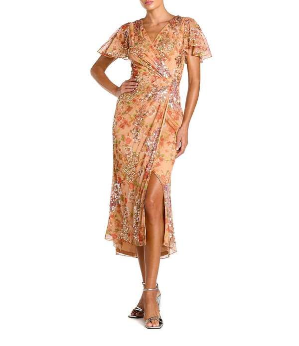 マックダガル レディース トップス ワンピース Vネック プリント メッシュ ミディ スパンコール Mac Duggal VNeck Short Flutter Sleeve Sequined Printed Mesh Faux Wrap Midi Dress