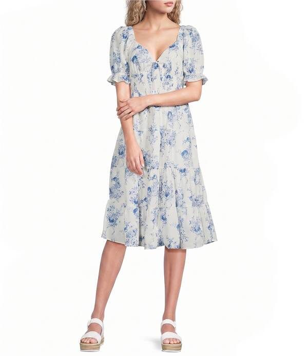 ミッドナイト ドール レディース トップス ワンピース ティアード フラワー柄 プリント ミディ シャーリング フラワー Midnight Doll Floral Printed Short Puff Sleeve Smocked Tie Frontiered
