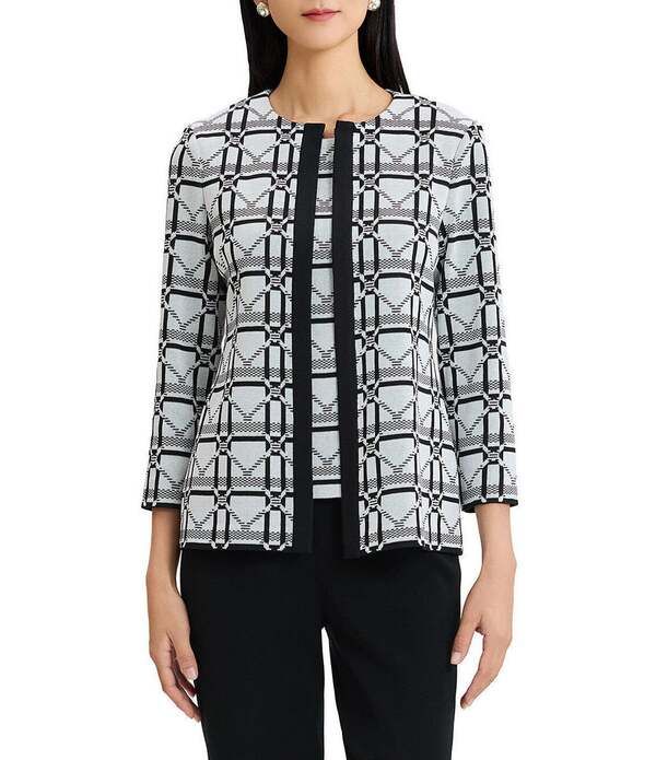ミンウォン レディース アウター コート モノクロ ニット ジャケット Ming Wang Monochrome Geometric Knit Jewel Neck Bracelet Sleeve Jacket IvoryBlack アイボリー