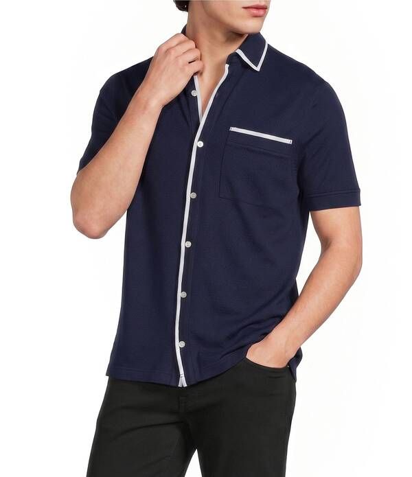 ムラノ メンズ トップス シャツ スリムフィット コート Murano Liquid Luxury Slim Fitextured Coat Front Short Sleeve Shirt Midnight Blue ブルー