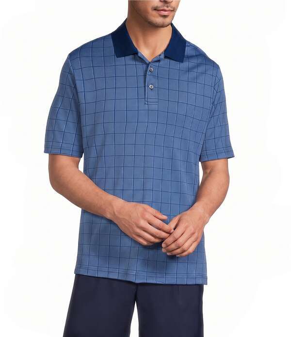 ラウンドトゥリーアンドヨーク メンズ トップス シャツ Roundtree Yorke Performance Short Sleeve Windowpane Jacquard Polo Shirt Blue ブルー
