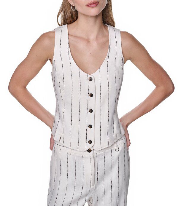 ダナキャラン レディース アウター ベスト Vネック ノースリーブ リネン DKNY by Donna Karan Coordinating Linen Blend Heavy Top Stitch Stripe VNeck Sleeveless Vest C