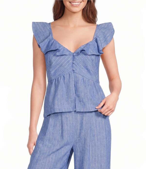 スカイズアブルー レディース トップス シャツ ノースリーブ Skies Are Blue Lurex Stripe Sweetheart Neck Sleeveless Coordinating Peplum Top Chambray ストライプ