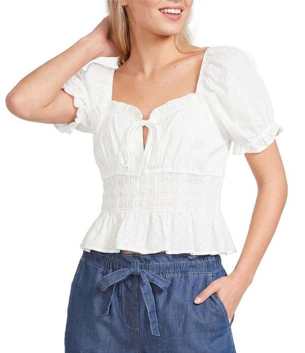 ブルーペッペーブルーペッパー レディース トップス シャツ フリル ブラウス Blu Pepper Short Puff Sleeve Ruffled Tie Front Blouse White ホワイト