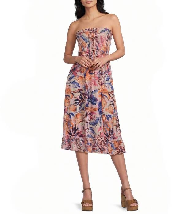 アンジー レディース トップス ワンピース プリント ミディ ストラップレス シャーリング Angie Tropical Printed Straplessmocked Midi Dress Pink ピンク