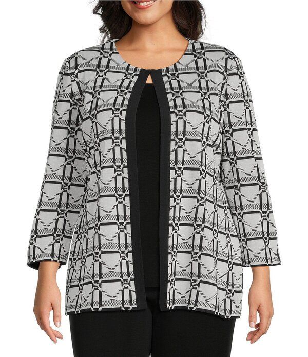 ミンウォン レディース アウター コート プラスサイズ モノクロ ニット ジャケット Ming Wang Plus Monochrome Geometric Jacqaurd Knit Jewel Neck Bracelet Sleeve Jacket Ivo