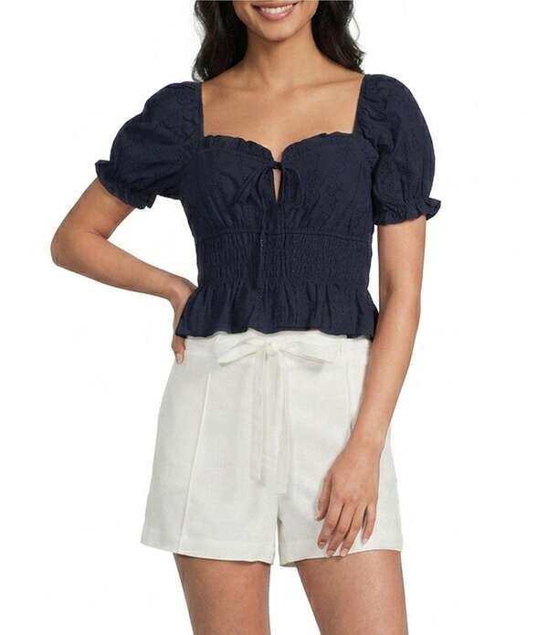 ブルーペッペーブルーペッパー レディース トップス シャツ フリル ブラウス Blu Pepper Short Puff Sleeve Ruffled Tie Front Blouse Navy ネイビー