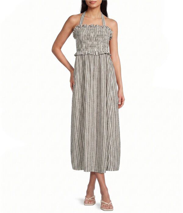 ミッドナイト ドール レディース トップス ワンピース シャーリング マキシ ホルター Midnight Doll Striped Halter Neck Smocked Tie Back Maxi Dress BlackIvory アイボリー