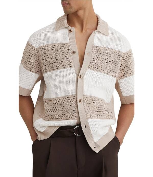 レイス メンズ トップス シャツ Reiss Marek Stretch Stripe Short Sleeve Button Front Woven Shirt WhiteStone ホワイト
