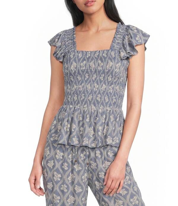 アンジー レディース トップス シャツ プリント フリル シャーリング クロップド Angie Printed Smocked Square Neck Ruffle Sleeve Cropped Top Vintage Blue ブルー