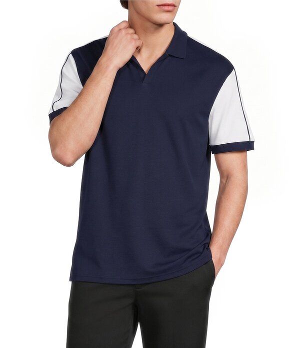 ムラノ メンズ トップス シャツ スリムフィット Murano Liquid Luxury Pieced Slim Fit Johnny Collar Short Sleeve Polo Shirt Midnight Blue ブルー