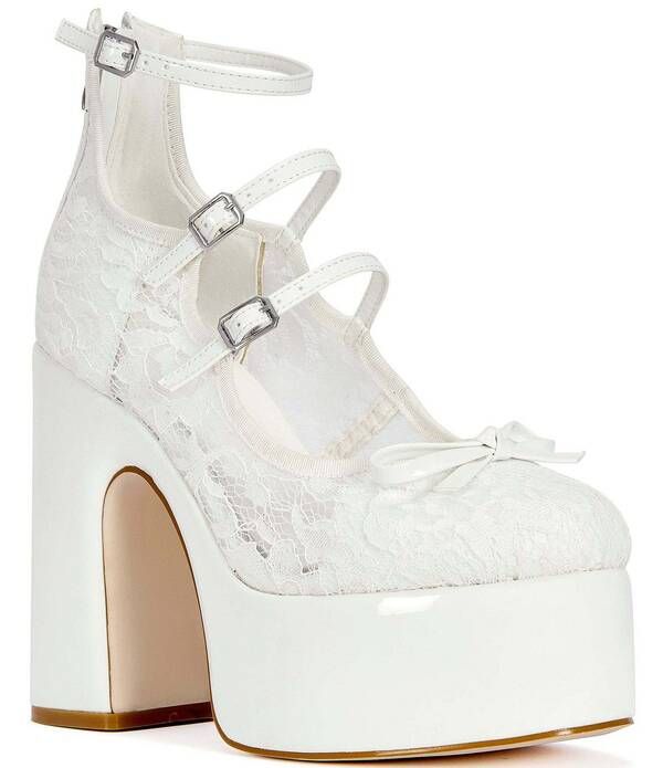 アザレア ワン レディース シューズ ヒール プラットフォーム アンクル レース Azalea Wang Sprout Lace Platform Block Heel Ankle Strap Mary Jane Bow Pumps White ホワイト
