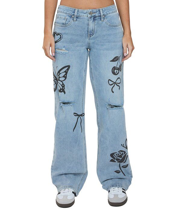 YMI ジーンズ レディース ボトムス デニムパンツ ワイドレッグ プリント YMI Jeanswear Britney Printed Wide Leg Jeans Light Blue ブルー