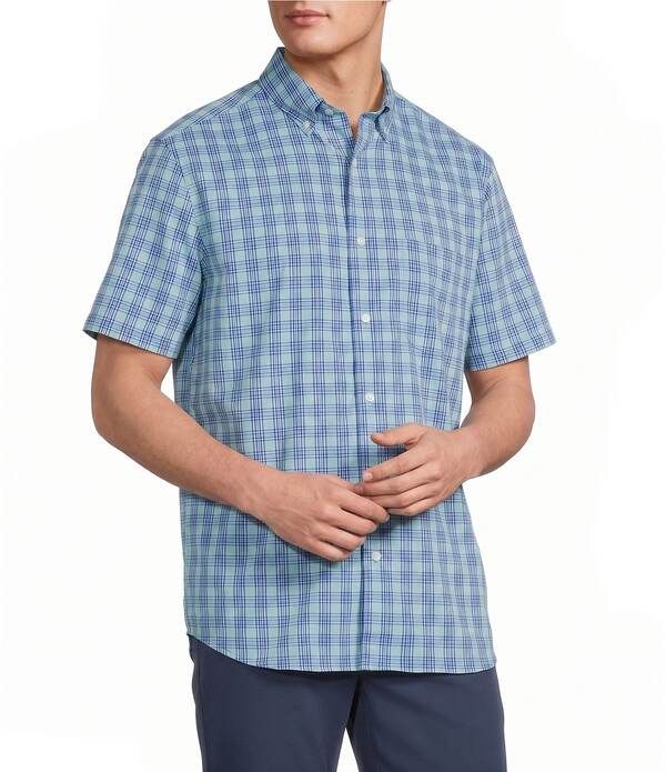 ラウンドトゥリーアンドヨーク メンズ トップス シャツ Roundtree Yorke Performance Short Sleeve Small Plaid Twill Sport Shirt Blue ブルー