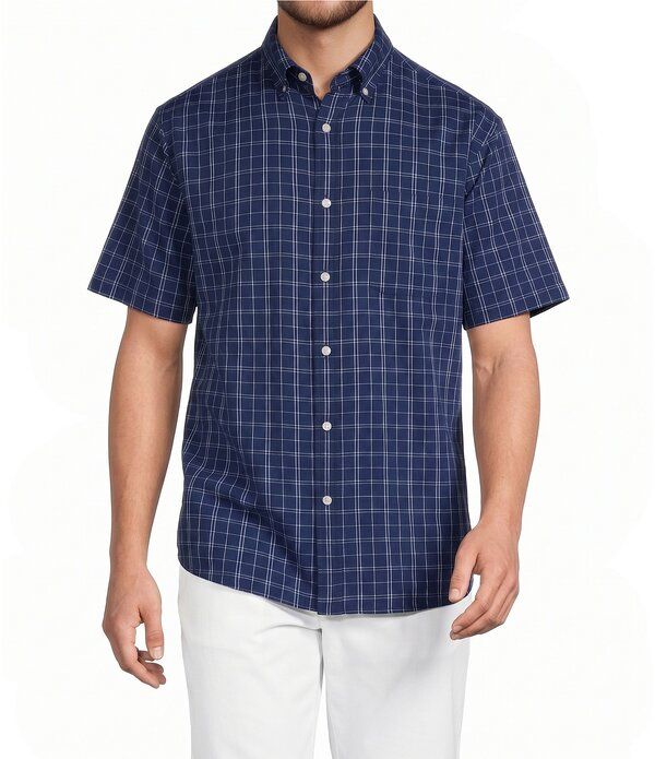 ラウンドトゥリーアンドヨーク メンズ トップス シャツ Roundtree Yorke Performance Short Sleeve Crinkled Medium Plaid Sport Shirt Dark Blue ブルー