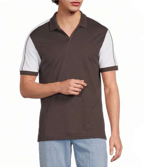 ムラノ メンズ トップス シャツ スリムフィット Murano Liquid Luxury Pieced Slim Fit Johnny Collar Short Sleeve Polo Shirt Dark Cedar