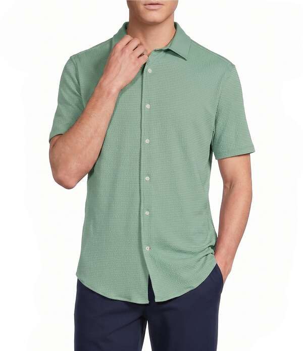 ダニエル クレミュ メンズ トップス シャツ コート Cremieux Blue Label Performance Solid Seersucker Short Sleeve Coat Front Shirt Green グリーン