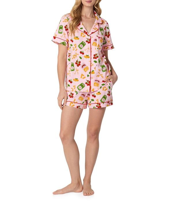 ベッドヘッド レディース アンダーウェア ナイトウェア プリント ニット ジャージー BedHead Pasta La Vista Print Short Sleeve Notch Collar Stretch Jersey Knit Shorty Pajam