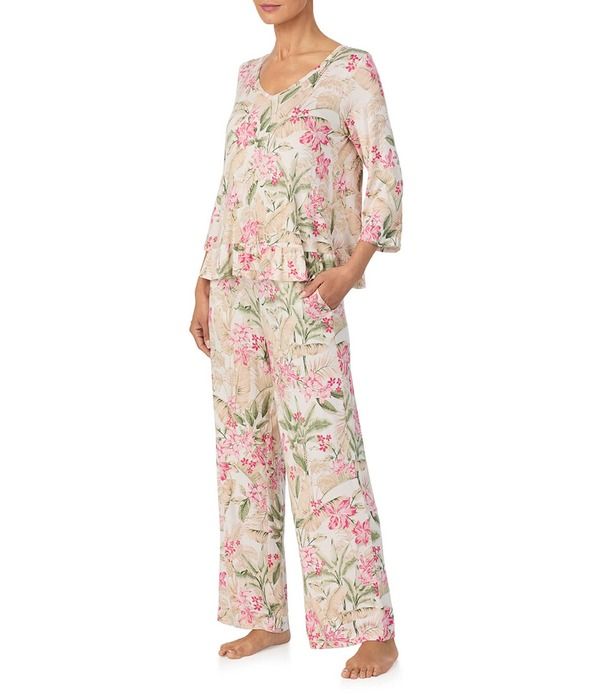 トッミーバハマ レディース アンダーウェア ナイトウェア Vネック フラワー柄 プリント ニット フラワー Tommy Bahama Floral Print 34 Sleeve VNecknit Long Pajama Set White Floral ホワ
