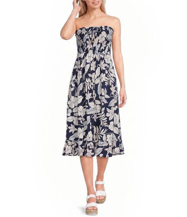 アンジー レディース トップス ワンピース プリント ミディ ストラップレス シャーリング Angie Tropical Printed Straplessmocked Midi Dress Navy ネイビー
